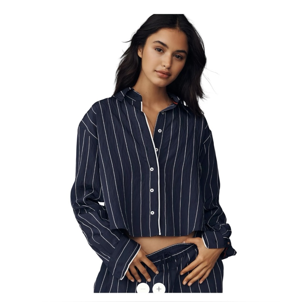 Anthropologie Maeve Pinstripe Silky Buttondown Oversized Crop Top